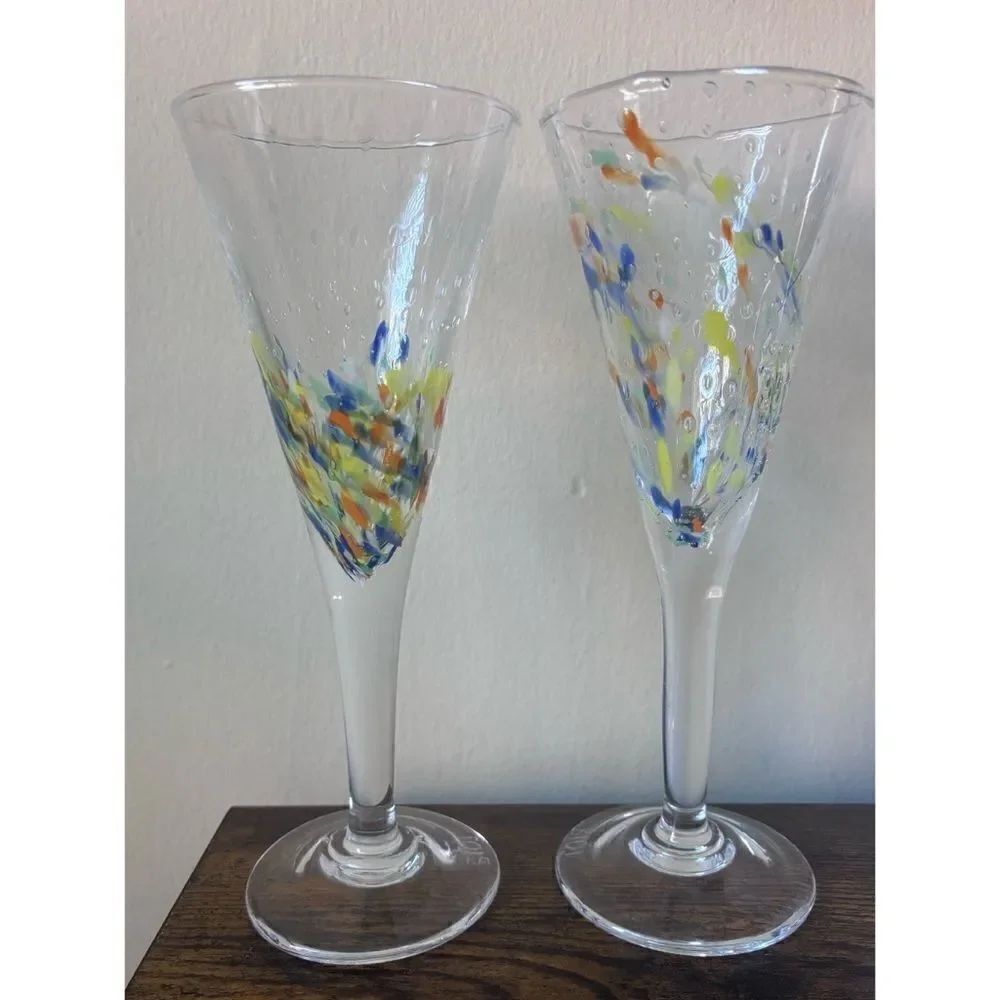 VNT  La Verrerie De Biot 9 1/4”Crystal Confetti, champagne fluids/ Set of 2